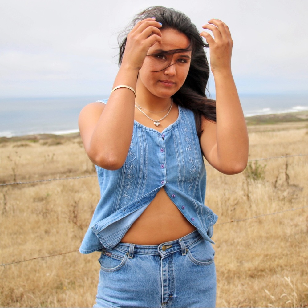 Vintage Embroidered Denim Sleeveless Top - Picture 2 of 6